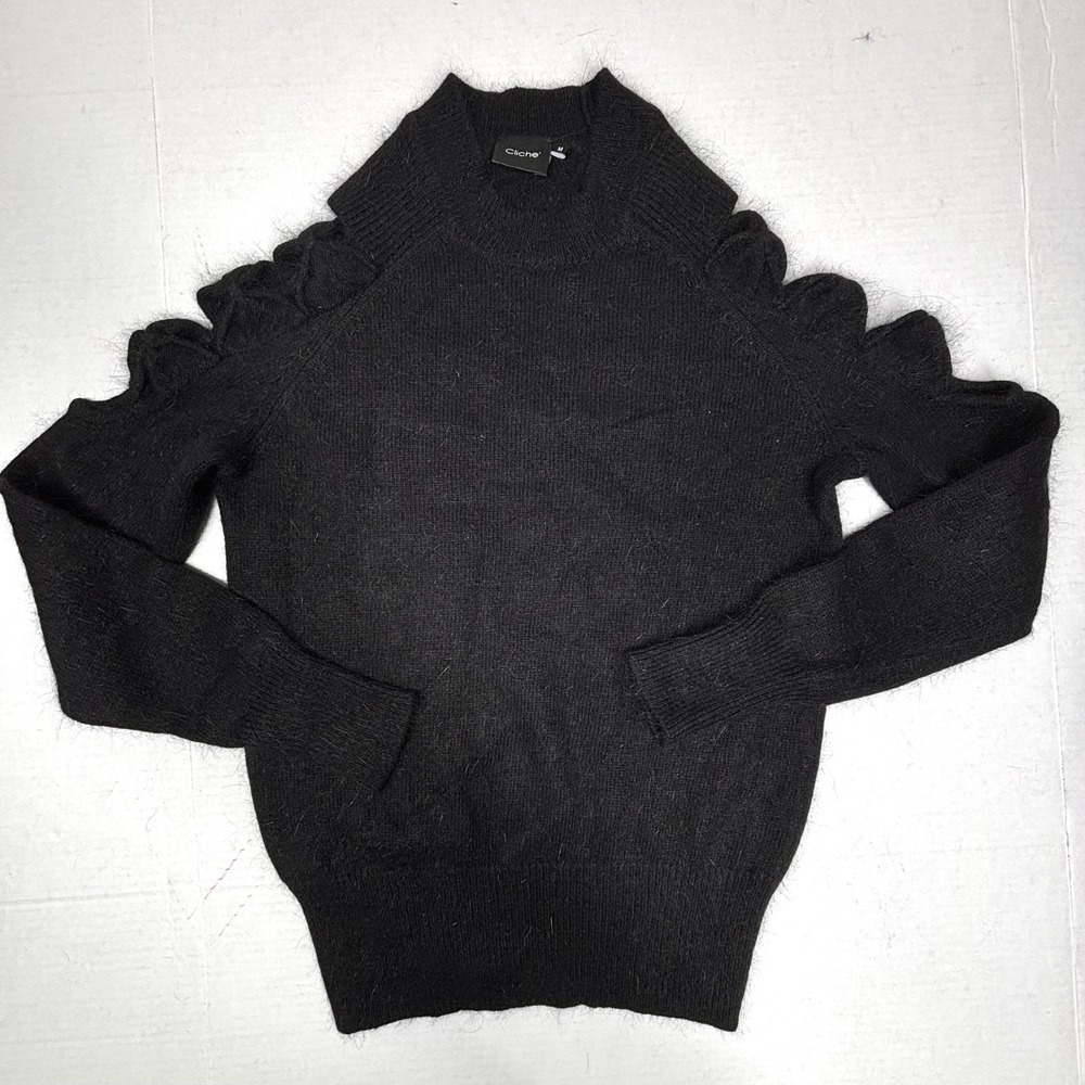 Cliche Black Cold Shoulder Ruffle Knit Sweater Angora Wool‎ Medium